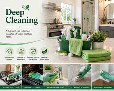 Professional deep cleaning services showing residential kitchen, bathroom sanitizing, and tile grout scrubbing.