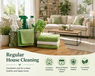 Professional eco-friendly house cleaning supplies in a basket on a table in a clean living room.