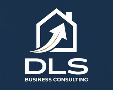 DLS Business Consulting logo featuring a white house icon and upward growth arrow on a blue background.
