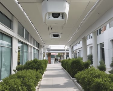 Close-up of a modern security camera mounted on a building corner.