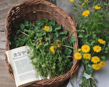 An open digital tablet displaying a colorful foraging guide with hand-drawn forest plants.