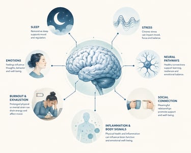 Diagram of a human brain surrounded by factors affecting mental health like sleep, stress, and social connection.