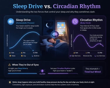 Infographic comparing sleep drive and circadian rhythm charts with a woman sleeping in a bed.