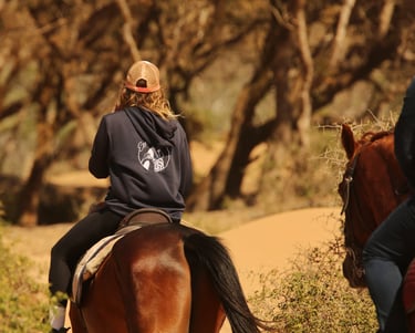 une femme guide montant un cheval dans des dunes et la forêt