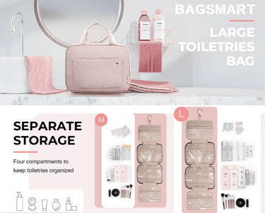 women's bagsmart toiletry bag showing separate storage options