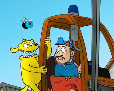 a cartoonish picture of a man in a construction crane