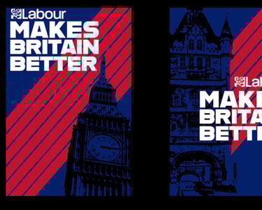 a group of banners with a clock tower in the background