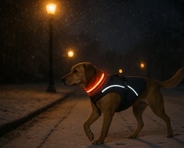 Dog wearing reflective harness and LED collar on a safe winter night walk in Burlington