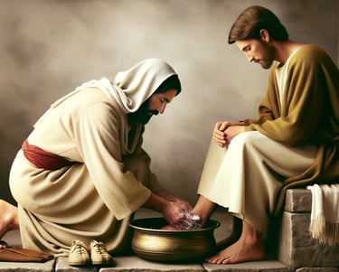 Jesus washing a servant's feet, symbolizing humility and leadership through service.