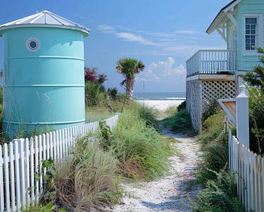 Sandy beach path lined with white picket fences leading to the ocean between colorful coastal cottages.