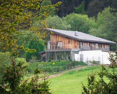 Une magnifique maison en bois dans un grand jardin, paisible nature
