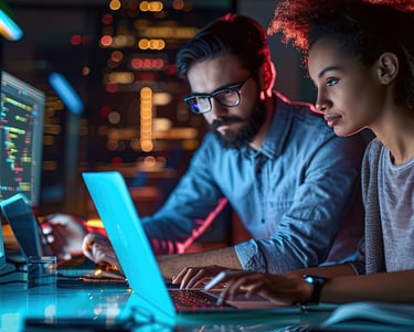 Homem e mulher trabalhando em um laptop, simbolizando desenvolvimento de tecnologias para projetos."