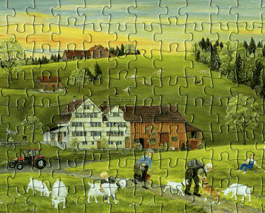 a puzzle piece puzzle piece with a farm scene