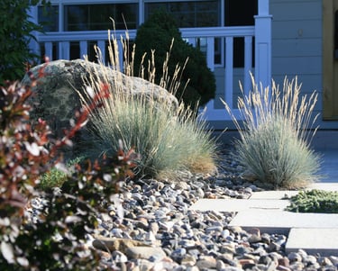 a house with a rock garden and a stone path