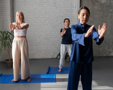 a woman doing yoga poses with her friends