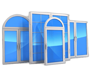 a group of three open windows with blue and white windows