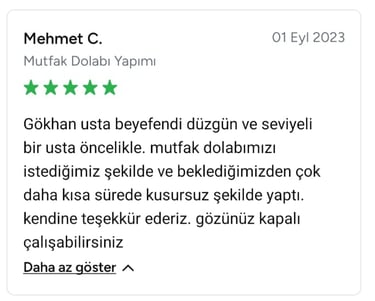 Mehmet mutfak dolabı yapımı için Evaloft yapı dekorasyona 5 yıldız verdi