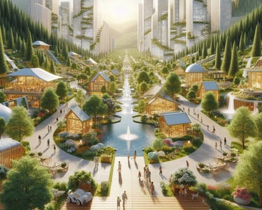 Cidade moderna e futurística com tecnologia e natureza, representando a Comunidade Modelo.