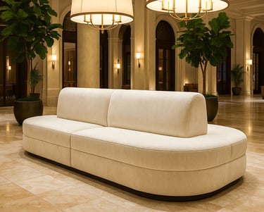 Sophisticated beige curved banquette centerpiece in a luxury lobby, designed by Solo Home Décor for hospitality spaces.