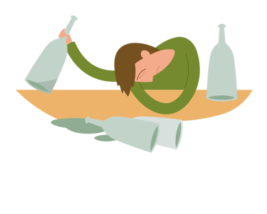 Drunk person with empty bottles on the table, symbolizing the effects of alcohol.