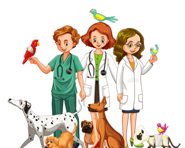 veterinarios rodeados de perros, gatos, loros y pájaros, simbolizando el cuidado de los animales.