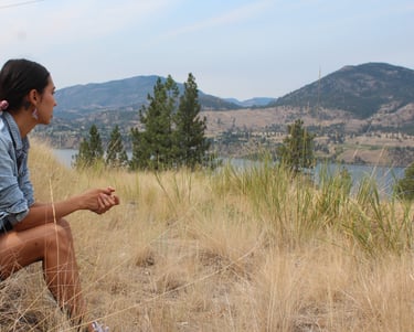 a person sitting on a hill looking at a lake in the distance