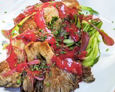 Five-Spice Oyster Mushroom on Cucumber noodles. Portland personal chef gluten-free vegan meal prep
