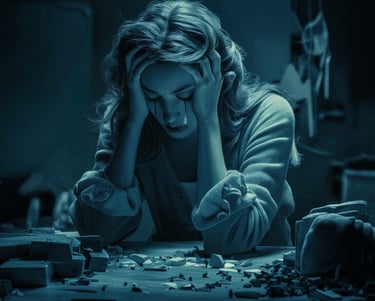 Woman crying with multiple medications on the table, symbolizing depression and anxiety.