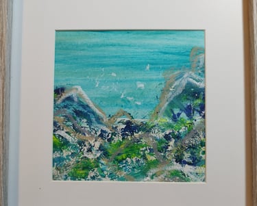 On the Rocks at Hythe, 26 x 26 cm, acrylic and oil pastel on paper, £40