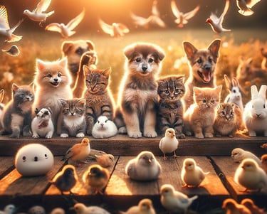 Grupo de animales reunidos, simbolizando el cuidado y respeto por todos los seres vivos.