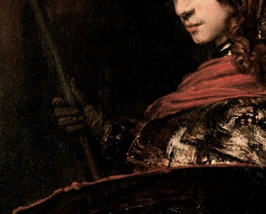 a painting of Athena wearing armour