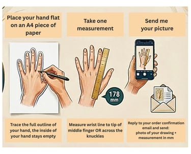 Step-by-step guide on how to measure your hand for custom sizing using paper, a ruler, and a smartphone.