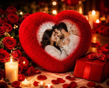 A romantic couple inside a heart-shaped frame surrounded by red roses, candles, and a Valentine gift.