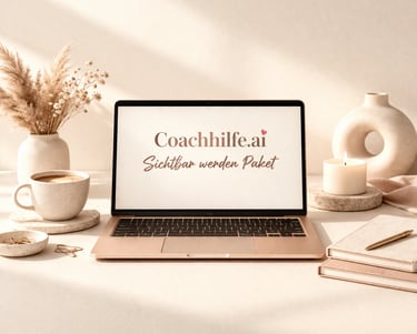 Laptop steht auf dem Tisch. Auf dem Bildschirm steht "Coachhilfe.ai-sichtbar werden Paket". 