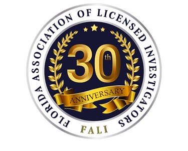 Florida Association of Licensed Investigators FALI 30th Anniversary gold seal logo on black background.