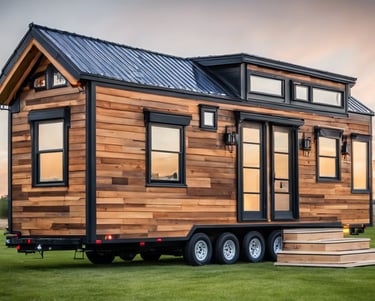 a tiny house with a tiny house on the grass