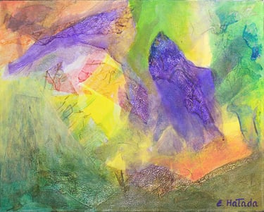 Abstract acrylic and collage painting of a dolphin-like form emerging from a dream landscape