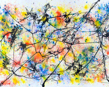 Abstract representation of networks in sumi ink and watercolor crystals (Brusho)