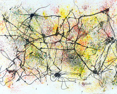 Abstract representation of networks in sumi ink and watercolor crystals (Brusho)