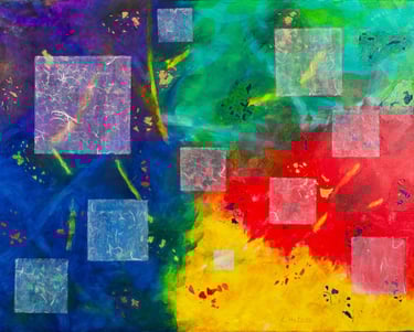 Abstract acrylic and origami paper collage of floating squares and detritus on a colorful river