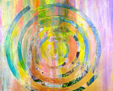 Abstract acrylic and collage painting of a fragmented tunnel