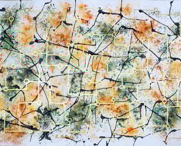 Abstract painting of internet networks using watercolor crystals and sumi ink