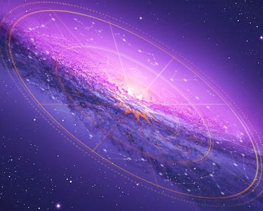Galáxia em tons de purpura e zodíaco sobreposto