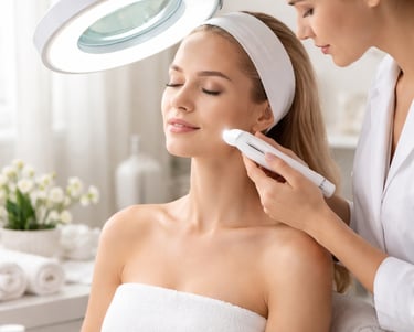 Esthéticienne pratique un bilan de peau sur le visage d'une femme