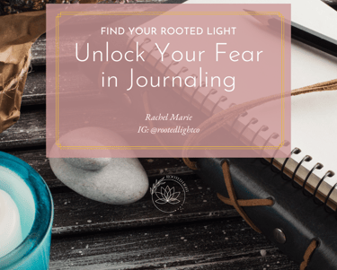 Title: Unlock Your Fear in Journaling; Picture in the background of a journal with a pencil on top, a candle, and flowers