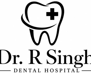 Dr. R Singh Dental Hospital logo featuring a tooth icon with a medical cross.
