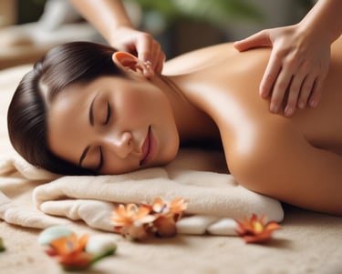 A person is giving a massage in a dimly lit room. The focus is on the hands applying pressure on the back of the individual lying down. The atmosphere appears calm and therapeutic.