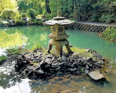 Oregon Coast -Coos Bay Mingus Park, Japanese pagoda in the pond
