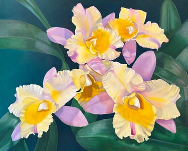Christine Knize, Yellow and Lavender Orchids, 60"x72", Oil on Canvas, Art Basel Miami Realism