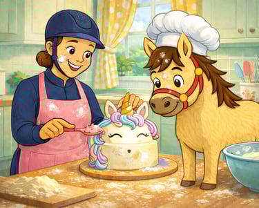 Cartoon Illustration von Pancake und der Ponytante beim Pferdekuchen backen